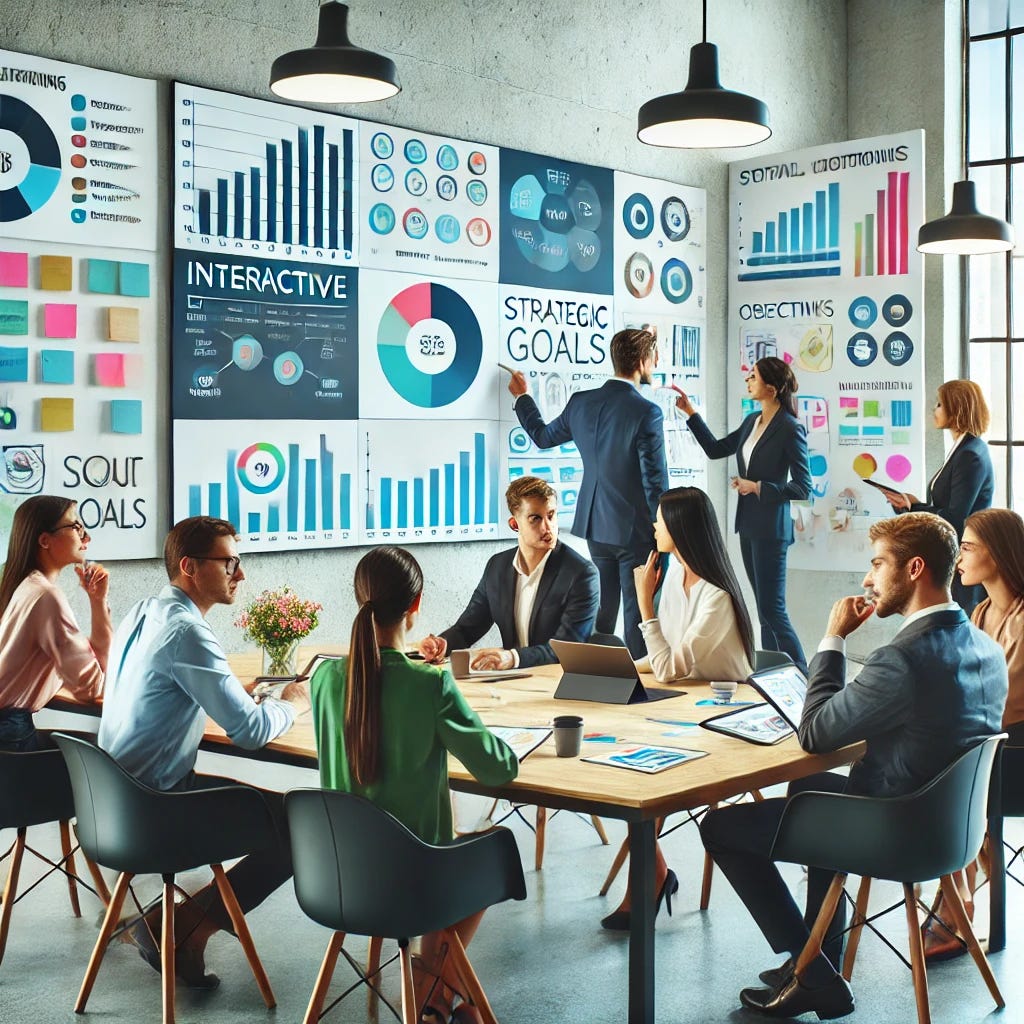 A modern team of professionals gathered around a table, interacting with a tablet or laptop displaying interactive dashboards and graphs. In the background, a wall covered with colorful post-it notes and a whiteboard showcasing objectives and strategic goals. The team appears engaged and collaborative, with a mix of discussion and pointing at the screen. The setting is bright and modern, emphasizing teamwork and data-driven decision-making. The color palette includes vibrant blues, greens, and neutral tones, with a clean and organized office environment.