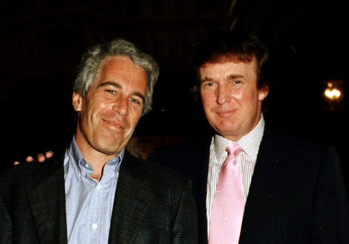 Two handwritten pages shaped like an apple, containing text. The text includes names Donald Trump and Jeffrey Epstein, with a signature reading "Donald J. Trump" at the bottom. A photograph of two men, Donald Trump and Jeffrey Epstein, standing side by side, both wearing suits, one with a pink tie. Two handwritten pages shaped like an apple, containing text. The text includes names Donald Trump and Jeffrey Epstein, with a signature reading "Donald J. Trump" at the bottom. A photograph of two men, Donald Trump and Jeffrey Epstein, standing side by side, both wearing suits, one with a pink tie.