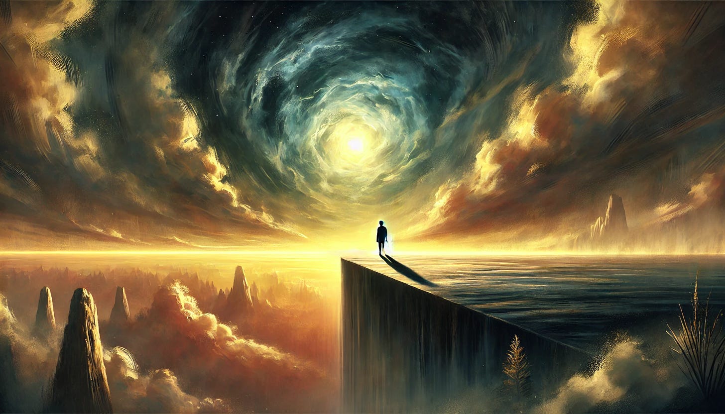 A thought-provoking digital painting of a lone figure standing on the edge of a vast abyss, symbolizing existential dread. The background features an abstract, surreal landscape with a dark sky transitioning into soft golden hues, representing the contrast between fear and hope. The figure appears contemplative, gazing into the void, with subtle light illuminating their silhouette. The overall tone is introspective and mysterious, evoking a sense of the fear of living and the search for meaning.