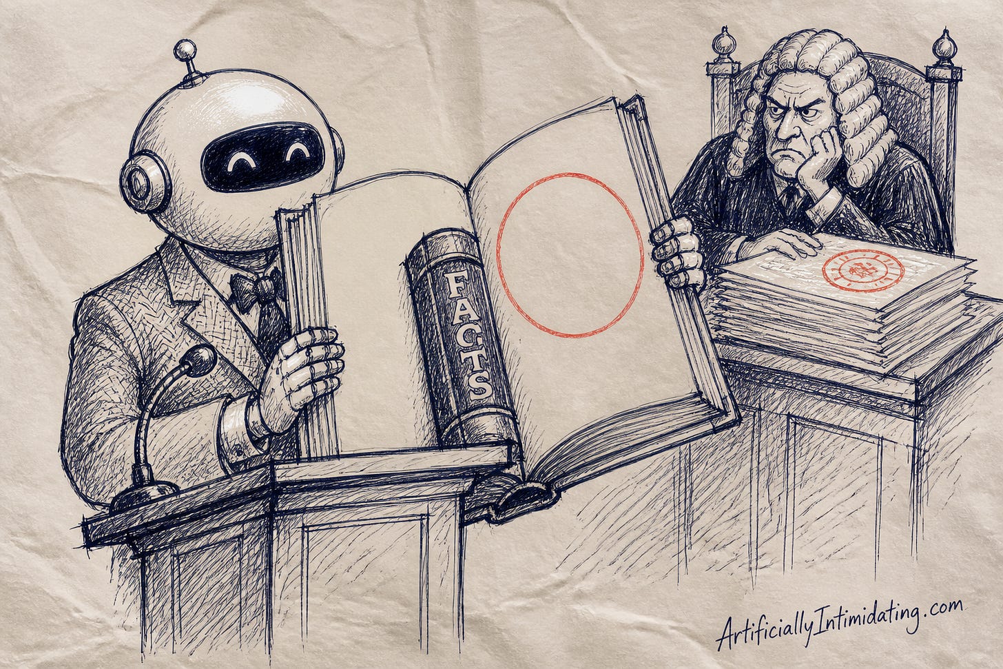 A confident robot in a tweed jacket reads aloud from an enormous blank-paged book spine-labeled FACTS while a judge in a wig frowns at him.