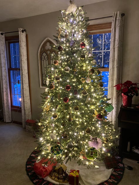 Pictures of Christmas tree and wreath and ornaments, wishing Merry Christmas