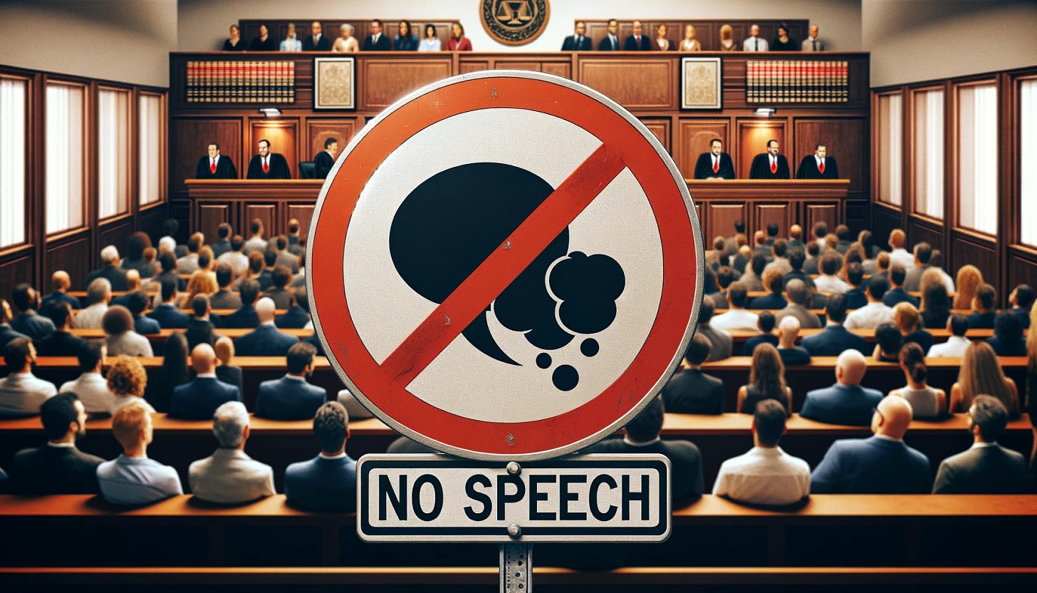 A 'No Speech' traffic sign in the foreground of a courtroom packed with an audience. The sign features a circular shape with a bold red border and a white background, displaying a crossed-out speech bubble to symbolize the prohibition of speech. Below the graphic, the words 'No Speech' are written in black. The courtroom in the background is bustling with people, showing a diverse audience seated in wooden benches, attentively observing the proceedings. The judge's bench is visible in the distance, and the overall atmosphere is that of a busy and solemn courtroom.