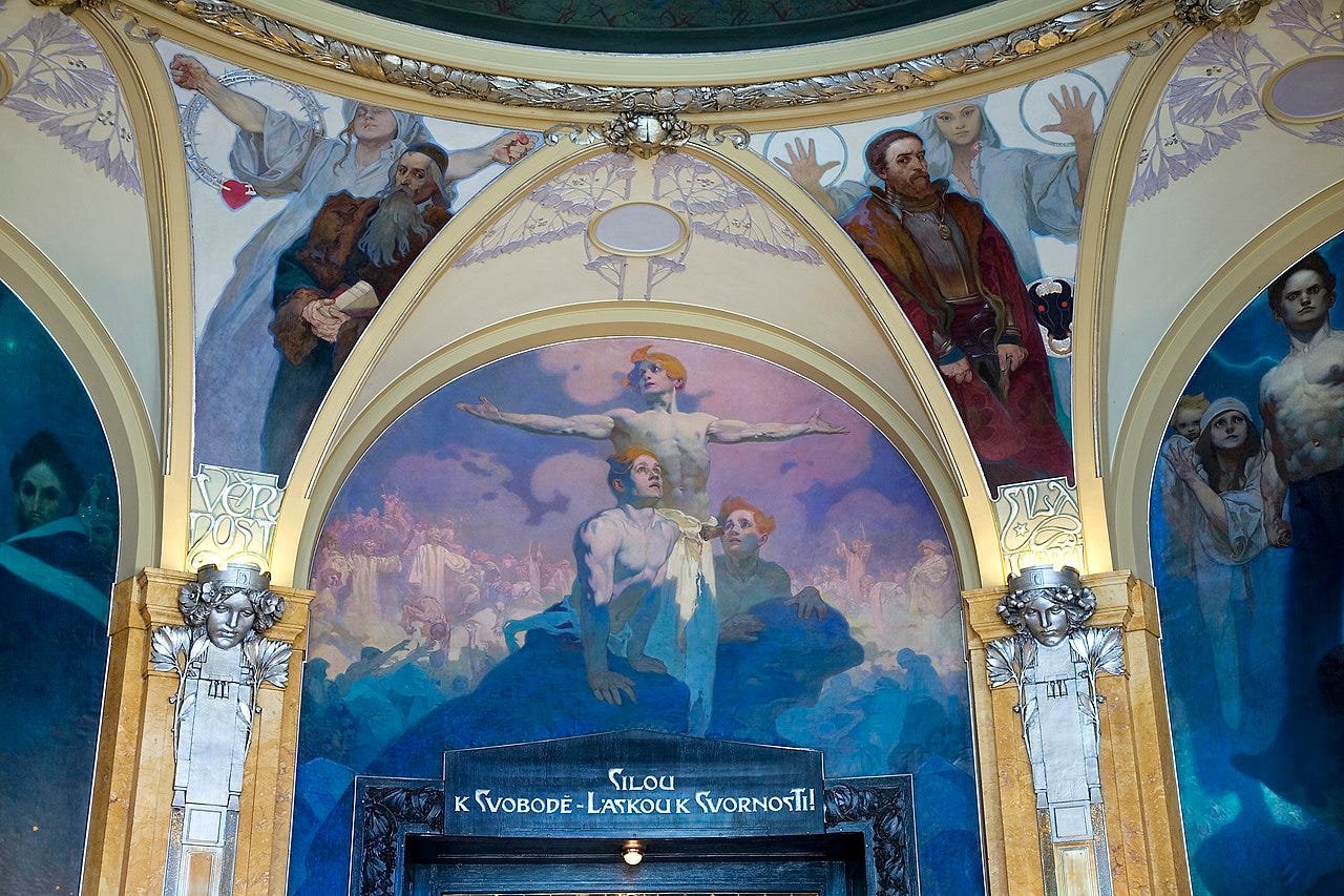 Decorated ceiling of Municipal House in Prague (1910–1912) Decorated ceiling of Municipal House in Prague (1910–1912)