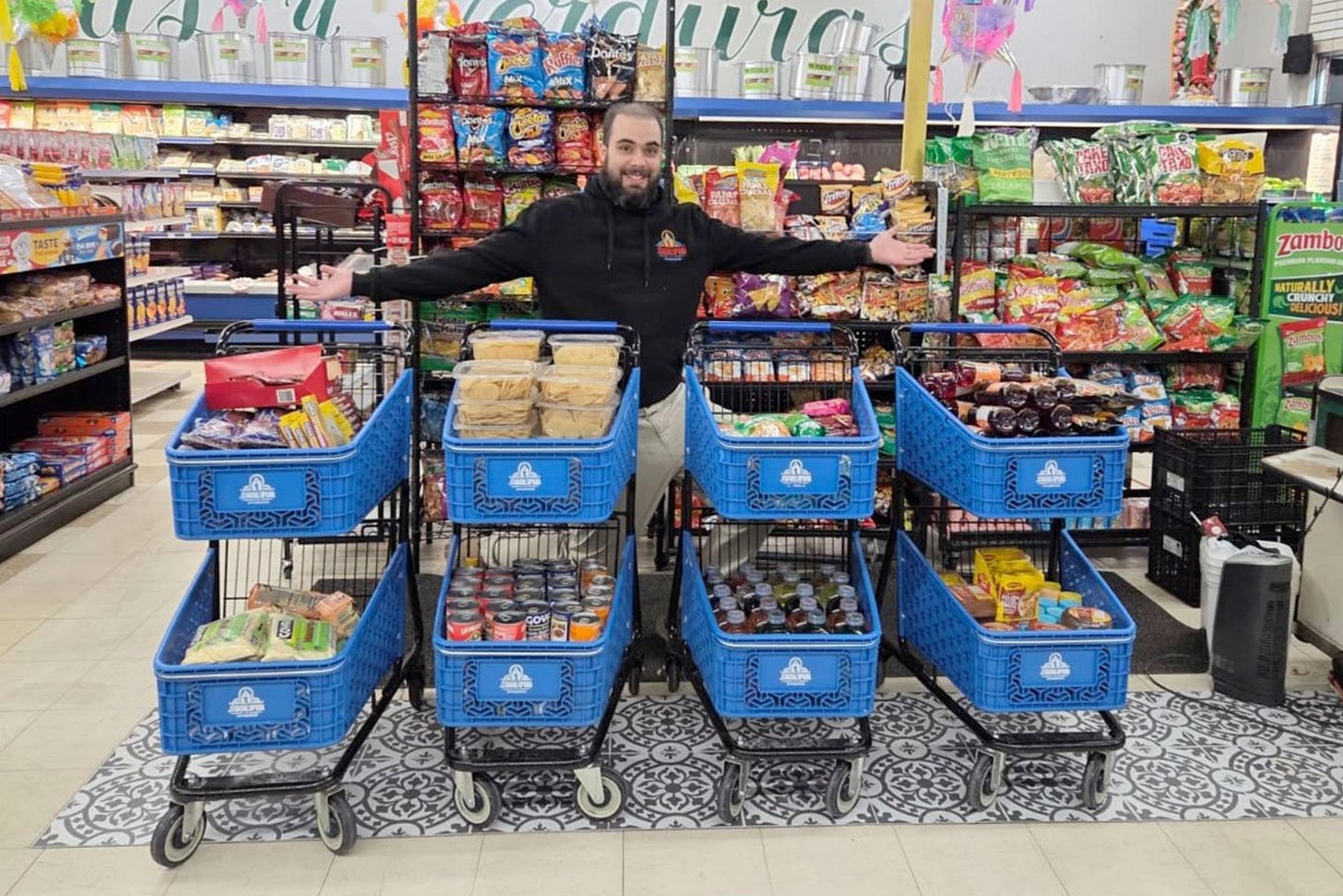 Carts filled with groceries ready for delivery in a foodstore