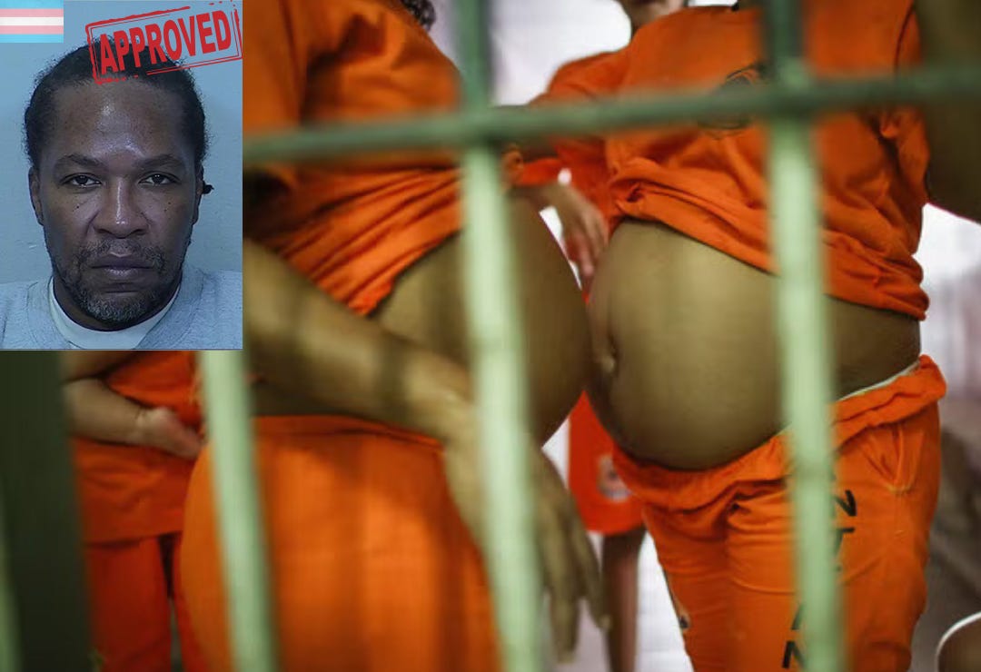 a mugshot of transwoman inmate tremaine carroll with a stamp of approval on his photo, juxtaposed next to two pregnant female inmates wearing orange uniform with exposed pregnant bellies. 