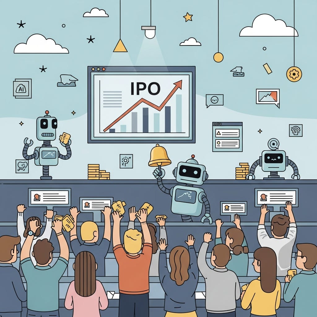 A diverse crowd of cheering cartoon investors on a stock exchange floor watching a rising chart on a screen labeled IPO as a robot rings a golden opening bell.
