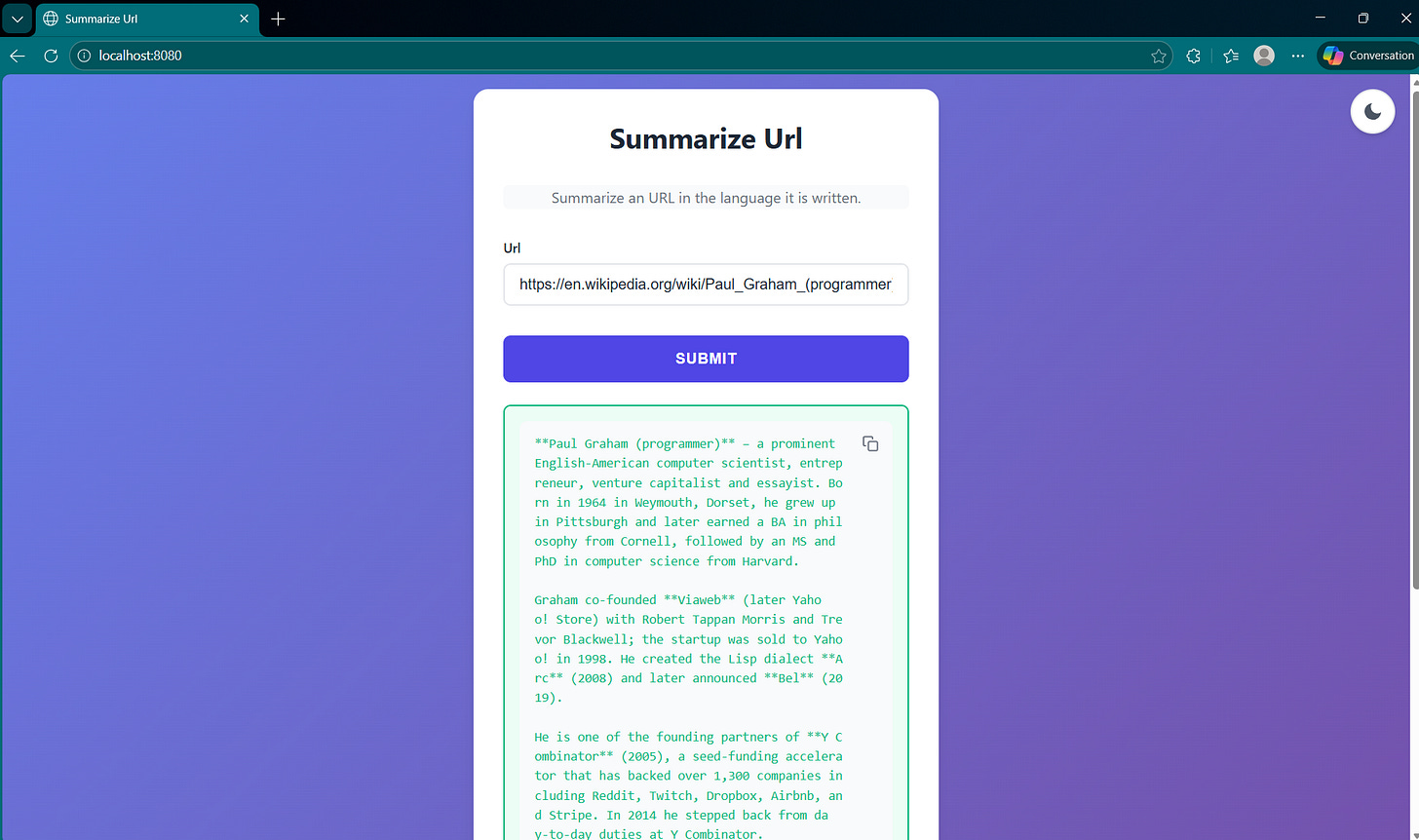 A screenshot showing the usage of a demo web application that summarizes articles