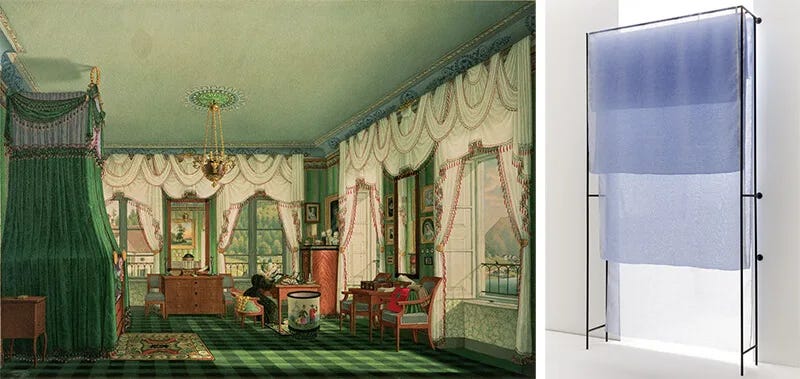 Paredes cubiertas. Cuadro junto a imagen de la exhibición "El hogar vestido"