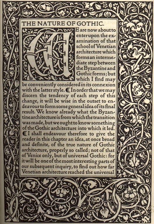 Kelmscott Press《哥德的本質》首頁|來源:Kelmscott Press、William Morris、John Ruskin / Wikimedia Commons(公有領域) Kelmscott Press《哥德的本質》首頁|來源:Kelmscott Press、William Morris、John Ruskin / Wikimedia Commons(公有領域)
