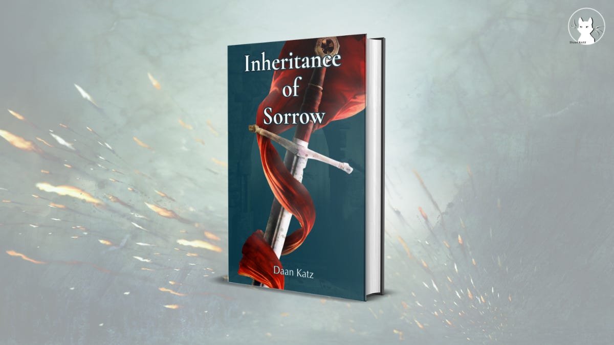 Hardcover book mockup titled Inheritance of Sorrow, featuring a sword wrapped in a red flag against a rich green background with forest ruins; displayed on a light green backdrop with fiery arrows in flight.