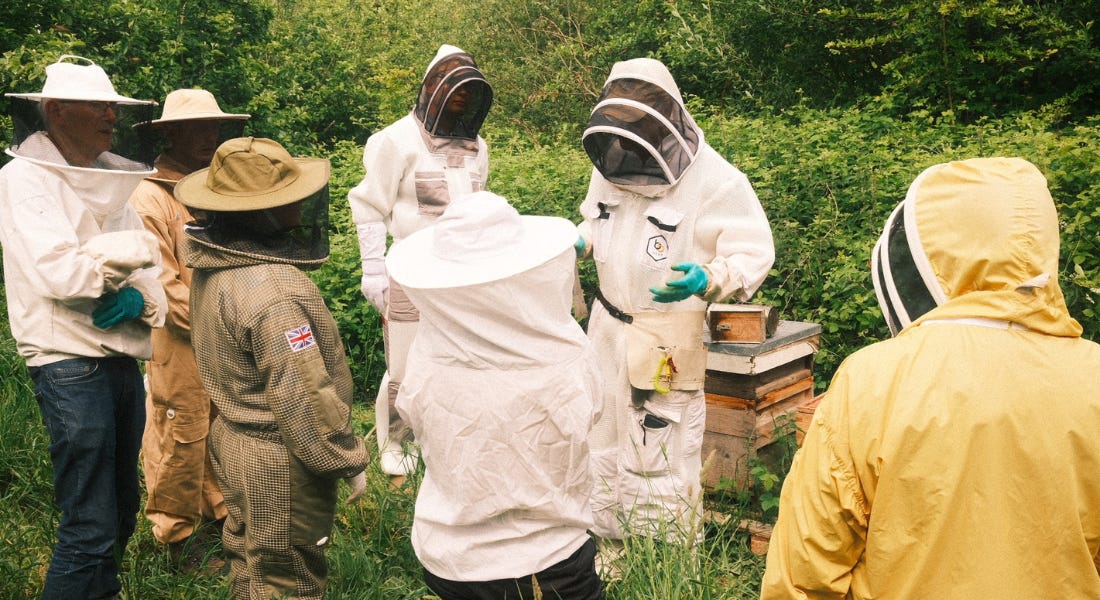 A group of people standing outside wearing bee-keeping outfits in white and yellow