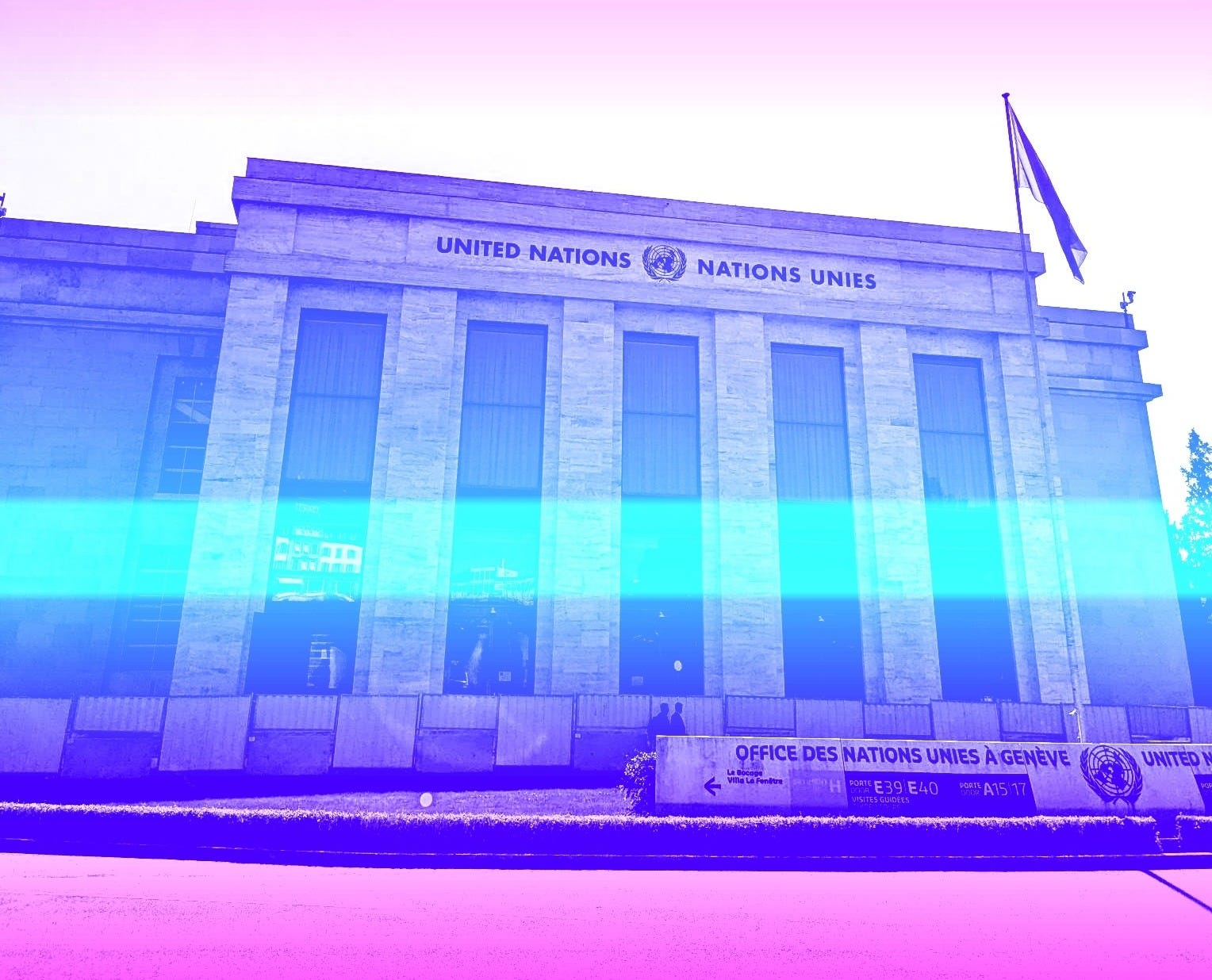 A United Nations building in Geneva with a pink, purple, white and blue colour filter overlay