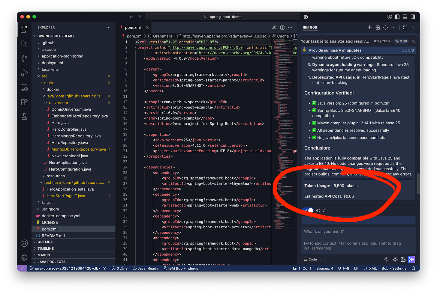 Migration summary with token usage and estimated API cost
