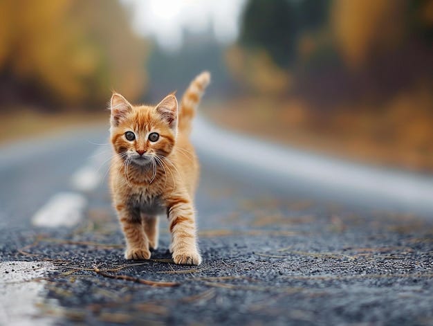 Curious Orange Kitten Walking Alone on a Quiet Wet Road in Autumn ...