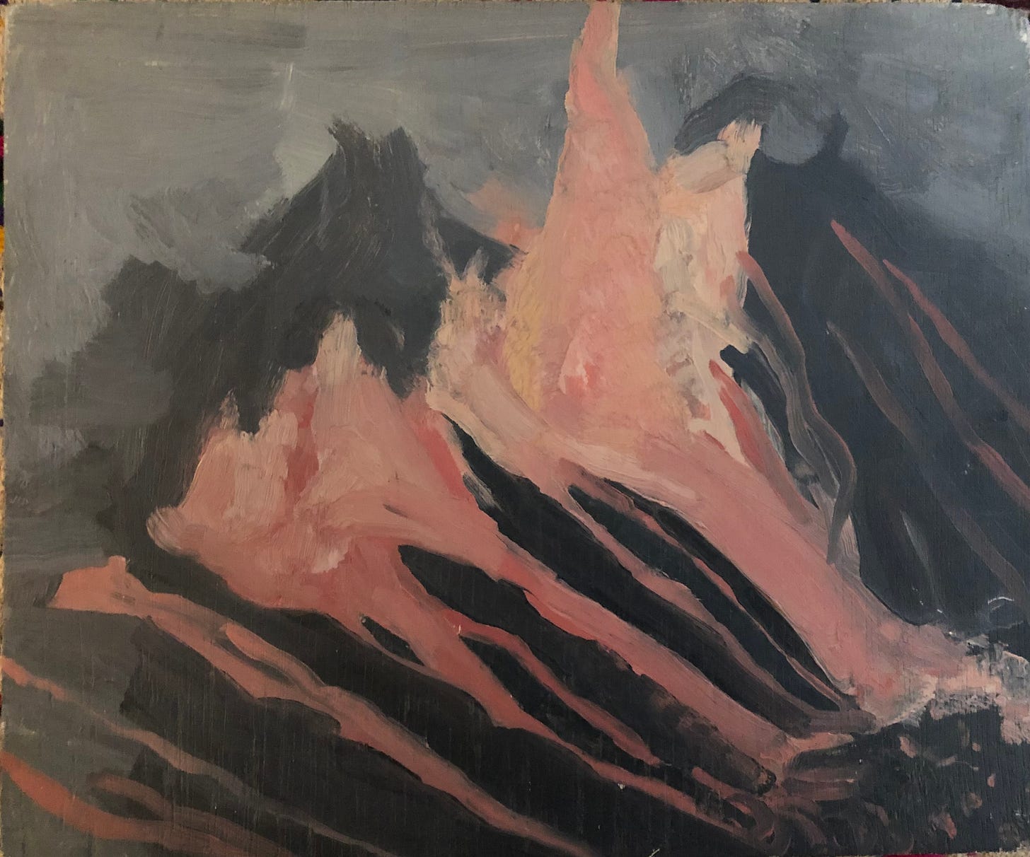 A dark picture with bright lava erupting from a jagged landscape to flow downward in stripes.