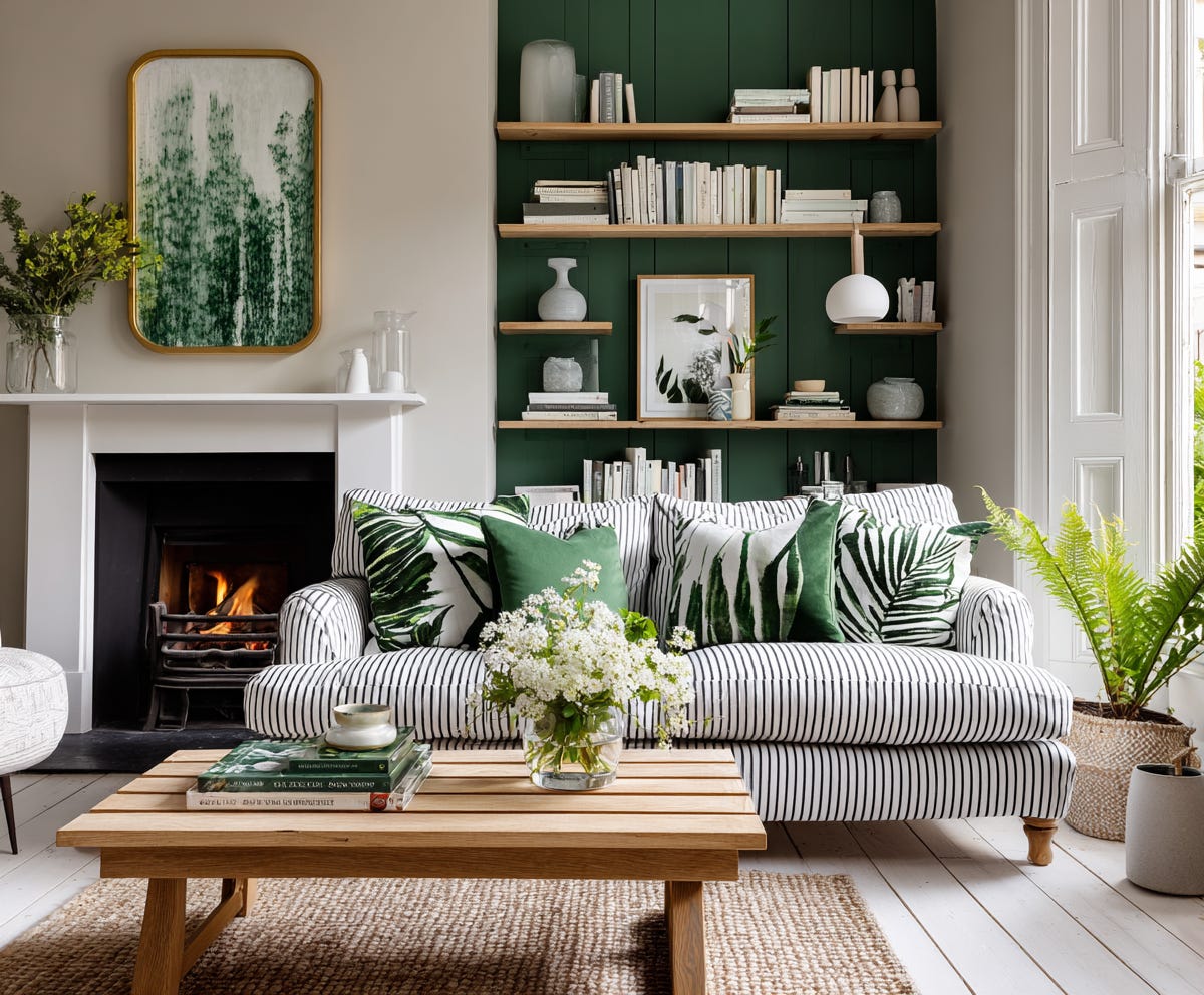 casual living room with striped sofa, fireplace, white walls, and green painted v-groove panel at the back of wooden shelving, plush design interiors adelaide