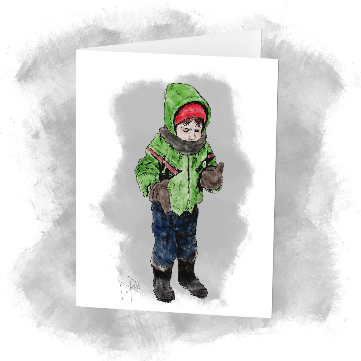 Boy in winter outdoor attire, including mitts. He is looking at his wool-encased hands and counting. Sketch art by Don Rice. Boy in winter outdoor attire, including mitts. He is looking at his wool-encased hands and counting. Sketch art by Don Rice.