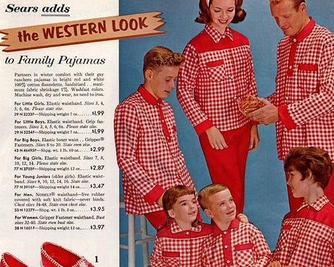 1960s families wearing matching Christmas pajamas in Nordic and Western styles