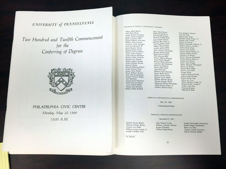 A program from the 1968 University of Pennsylvania graduation, listing Donald Trump's name for a Bachelor of Science degree in economics from the Wharton School. A program from the 1968 University of Pennsylvania graduation, listing Donald Trump's name for a Bachelor of Science degree in economics from the Wharton School.
