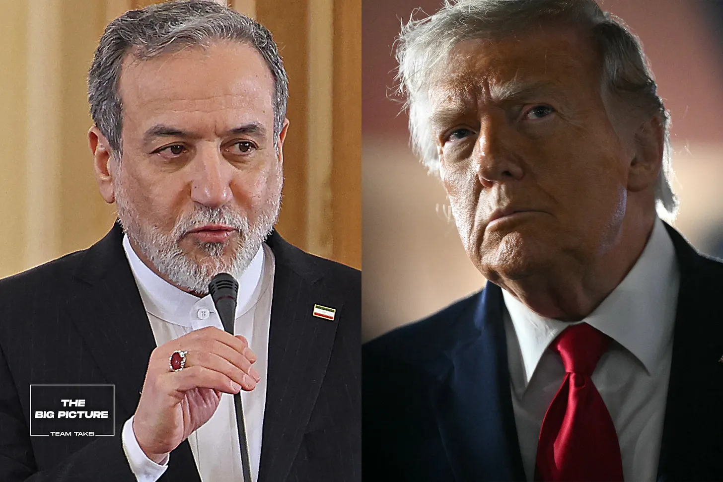 LEFT: Iranian Foreign Minister Abbas Araghchi. Photo by ATTA KENARE / AFP via Getty Images. RIGHT: US President Donald Trump. Photo by SAUL LOEB / AFP via Getty Images. O