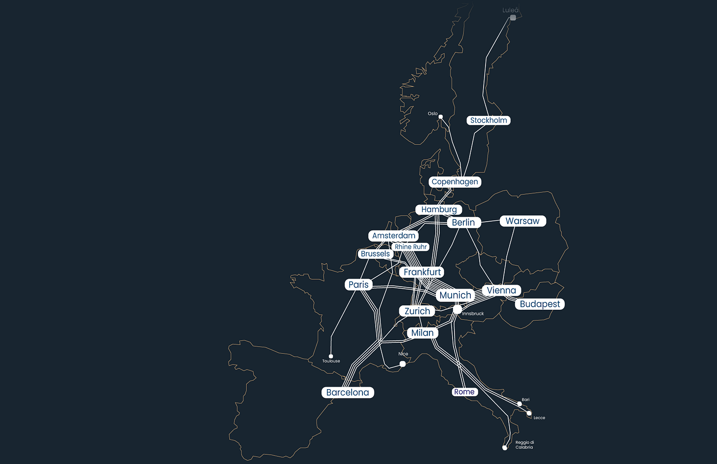 Une carte avec toutes les destinations de Nox à travers l'Europe