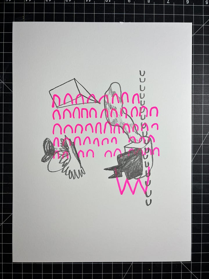 A group of small drawings in pink paint pen and graphite featuring cartoonish, abstract shapes and typographic forms