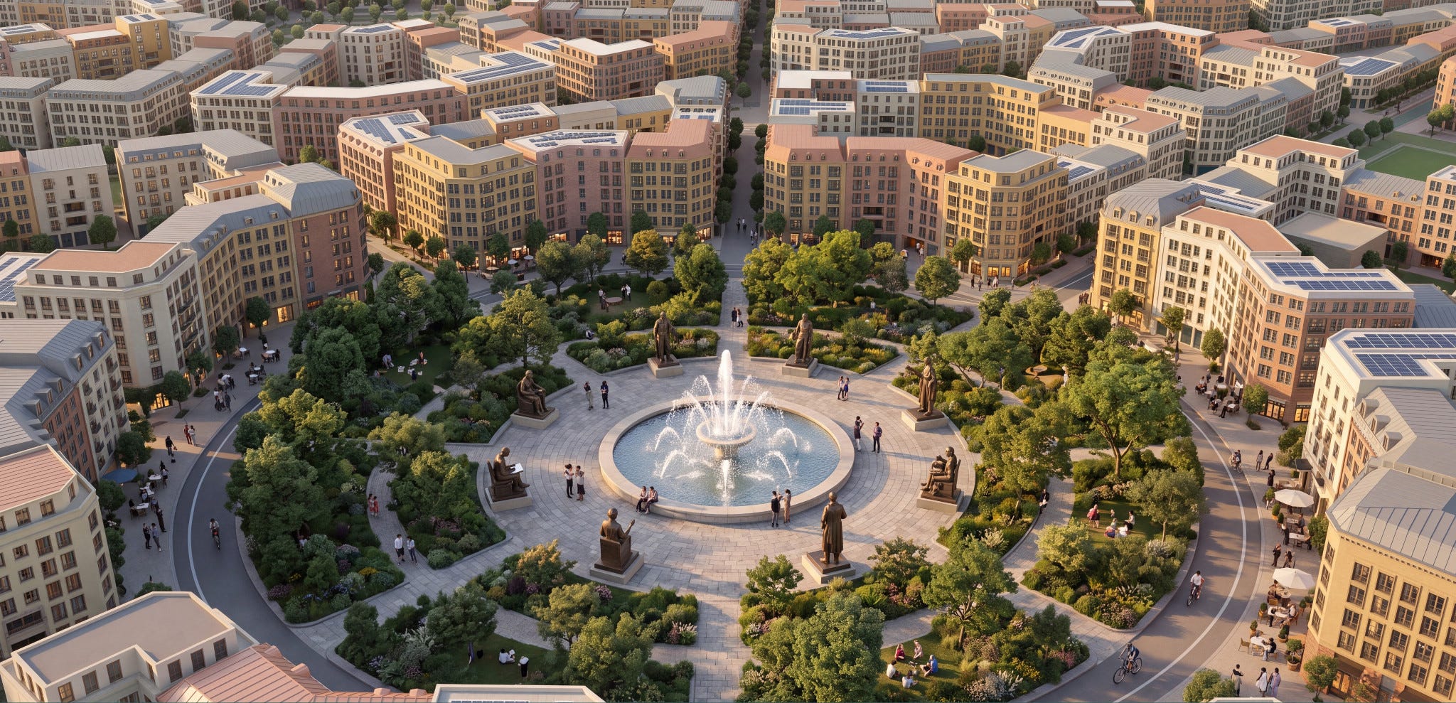 Conceptual golden-hour aerial of a civic piazza with a central fountain, statues, trees, planted gardens, people walking and surrounding courtyard buildings.