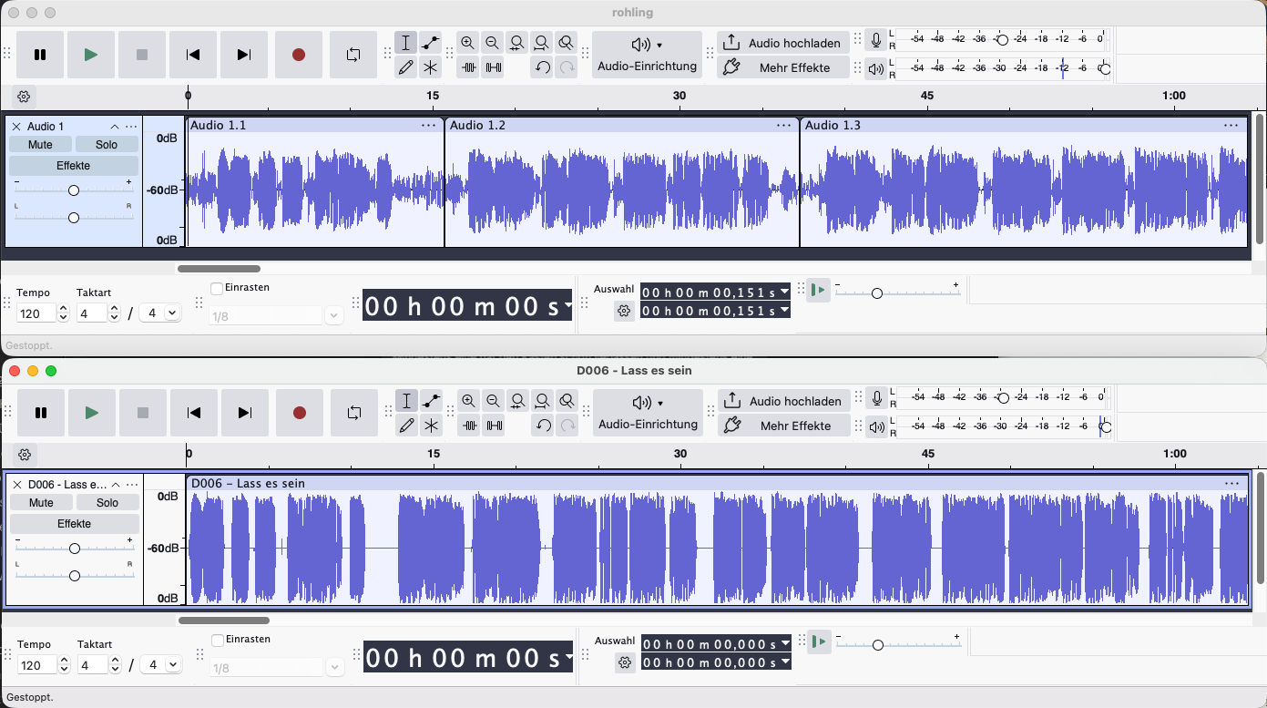 Zwei Screenshots von Audacity. Man sieht den Vergleich der ursprünglichen zur aktuellen Aufnahme, die nun bearbeitet ist.