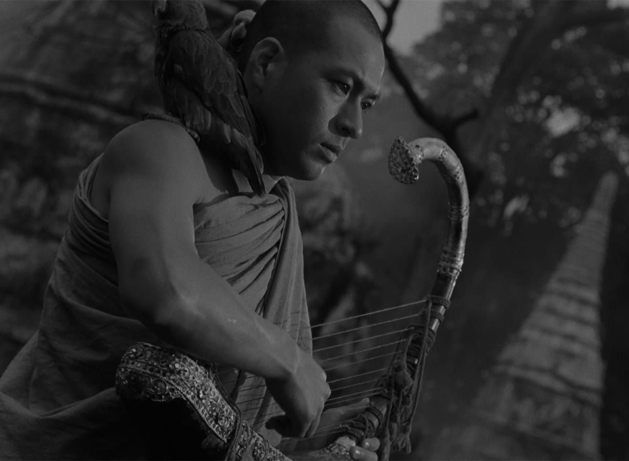 The Burmese Harp | Still features Shoji Yasui as Private Mizushima dressed as a Buddhist monk.