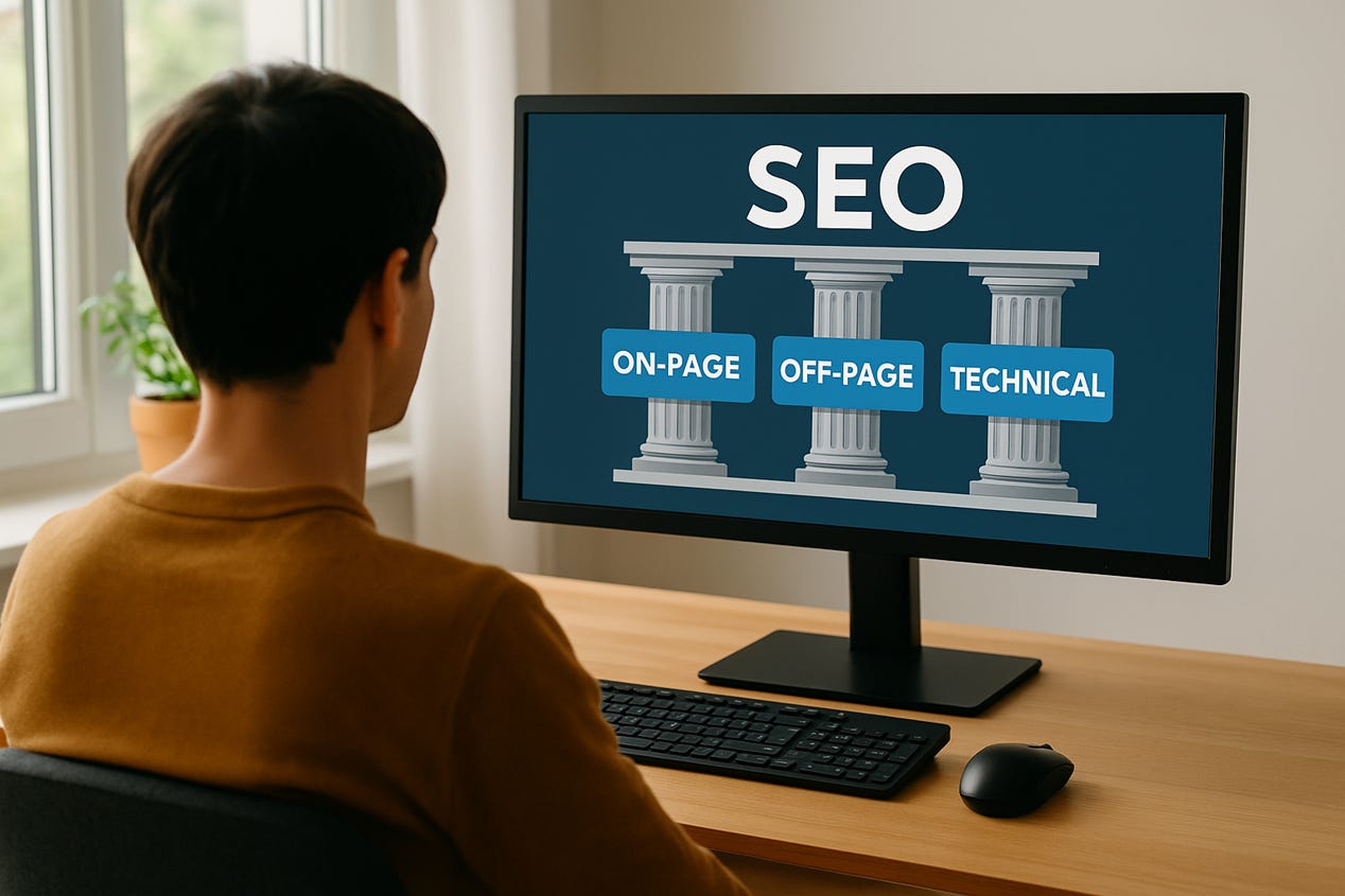 A person sitting at a desk looking at a computer screen showing the 3 pillars of SEO