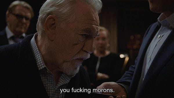 (2/2) Logan Roy talking to his children on the phone. Subtitles: "you fucking morons."