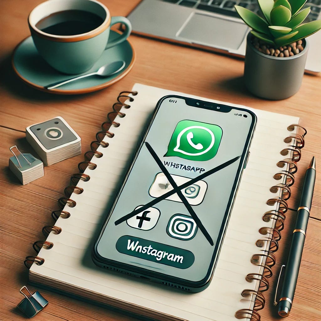 A minimalist digital illustration showing a smartphone with crossed-out WhatsApp and Instagram icons on the screen. The phone is placed on a wooden table beside a notebook, pen, and a cup of coffee, symbolizing a focus on offline activities. The background is calm and cozy, emphasizing a digital detox. A minimalist digital illustration showing a smartphone with crossed-out WhatsApp and Instagram icons on the screen. The phone is placed on a wooden table beside a notebook, pen, and a cup of coffee, symbolizing a focus on offline activities. The background is calm and cozy, emphasizing a digital detox.