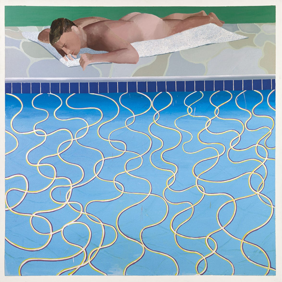 A nude man lies face-down and asleep on a white towel along a pool's edge, his skin warm against a green band of lawn, while the pool below fills the frame with looping yellow and violet lines on blue water.
