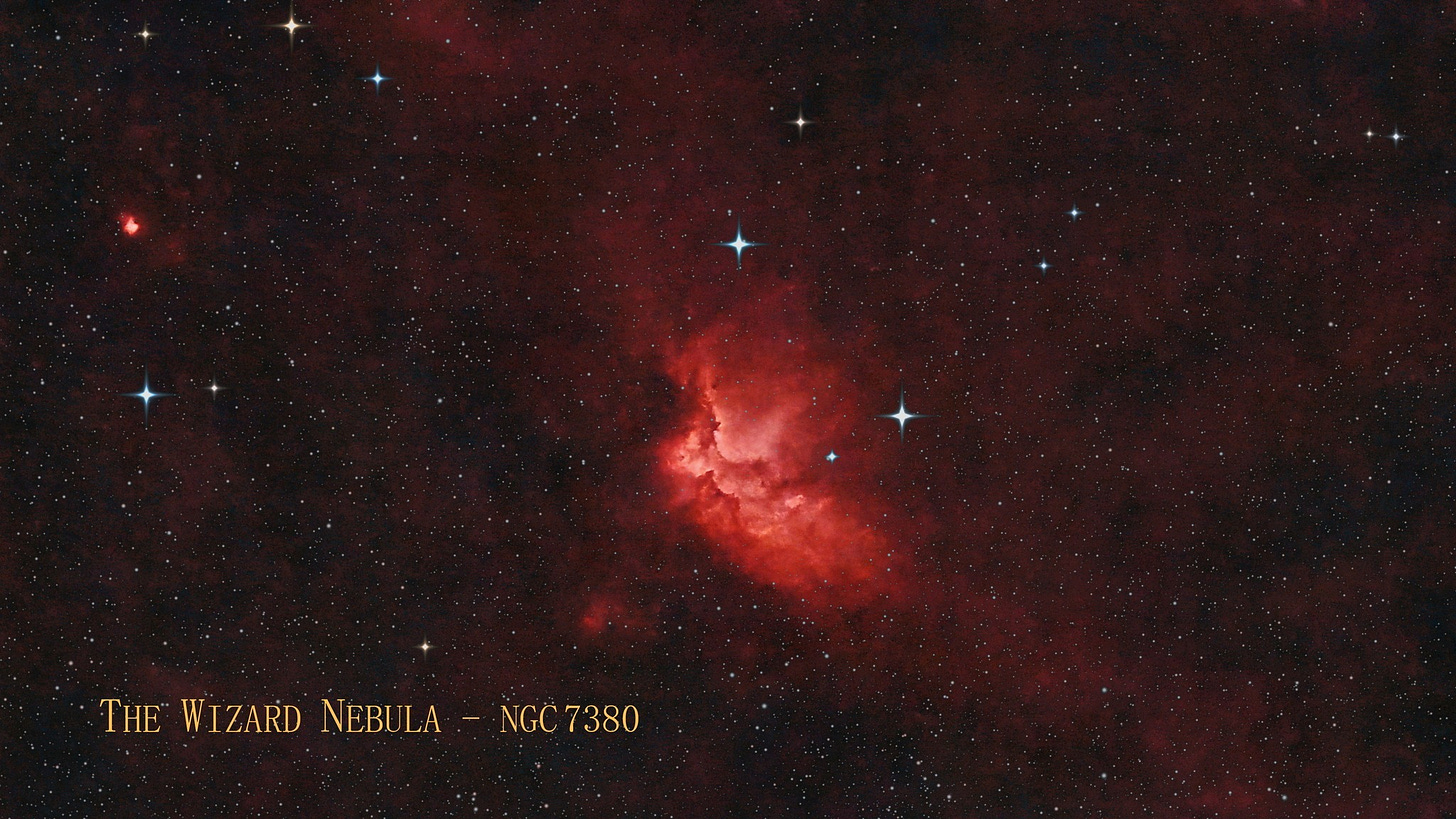 May be an image of text that says 'THE THEWIZARDNEBULA.-NGC7380 NGC7380 I 7380 W.IZARD NEBULA NGC' May be an image of text that says 'THE THEWIZARDNEBULA.-NGC7380 NGC7380 I 7380 W.IZARD NEBULA NGC'