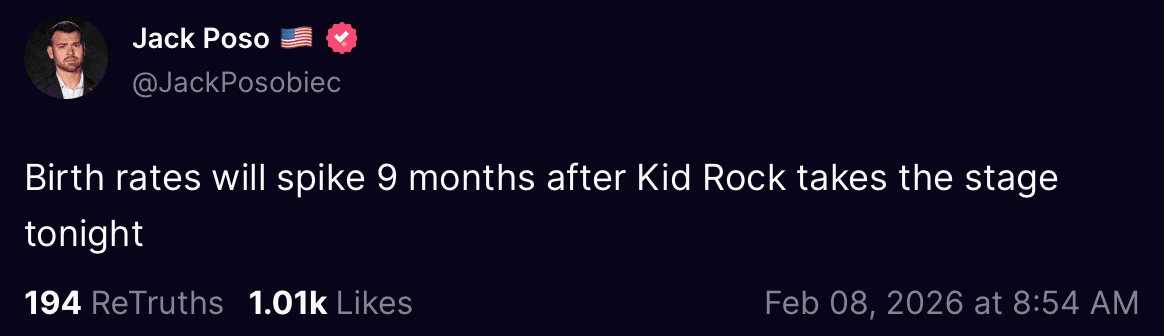 A Truth Social post shared by TPUSA personality Jack Posobiec on Feb. 8 about Kid Rock’s performance at the “All-American Halftime Show,” which reads “Birth rates will spike 9 months after Kid Rock takes the stage tonight”