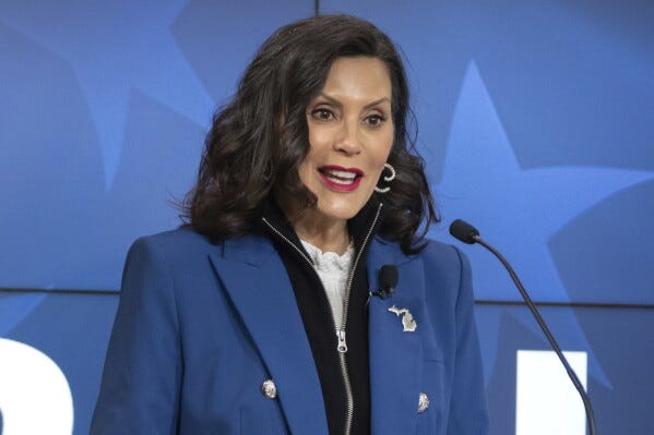Michigan Gov. Gretchen Whitmer gives a policy speech at an event, April 9, 2025, in Washington. (AP Photo/Mark Schiefelbein, File) Michigan Gov. Gretchen Whitmer gives a policy speech at an event, April 9, 2025, in Washington. (AP Photo/Mark Schiefelbein, File)