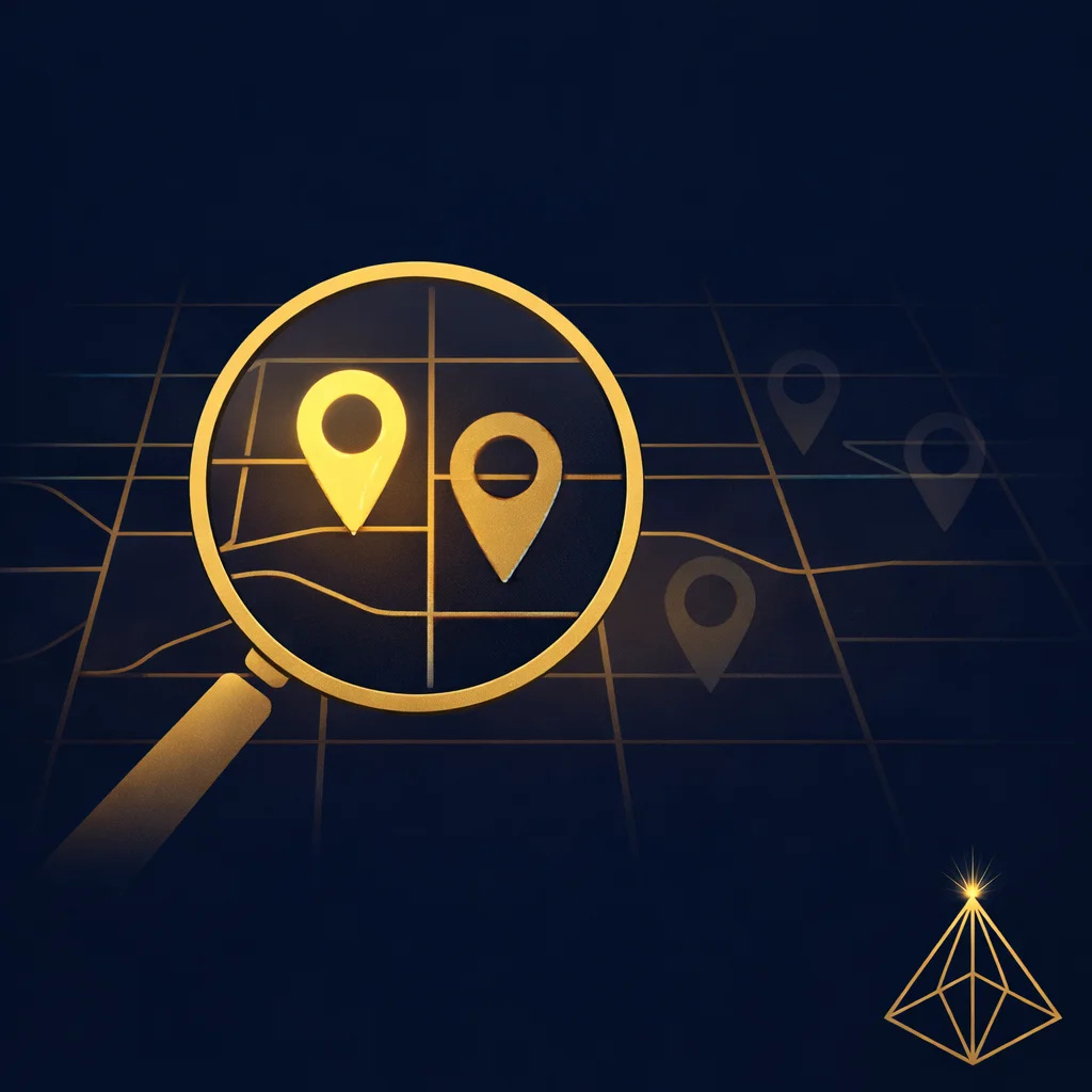 The Visible Practitioner spot-check image February 2026. Magnifying glass over map with visible and faded location pins representing AI visibility gaps for Orlando stylists.