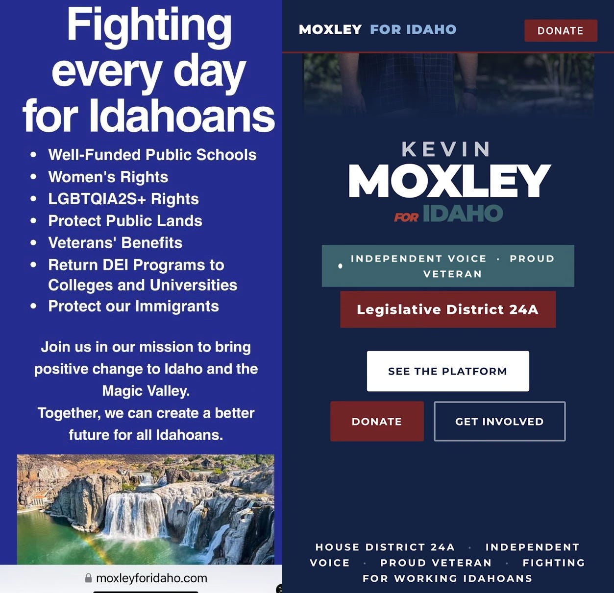 Side-by-side screenshots of moxleyforidaho.com. Left, April 2025: platform listing well-funded public schools, women's rights, LGBTQIA2S+ rights, public lands, veterans' benefits, returning DEI programs to colleges, and protecting immigrants. Right, September 2026: rebranded as an independent voice and proud veteran for Legislative District 24A.