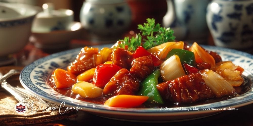Classic chop suey at Look Ho Ho Halifax, colourful vegetables and tender pork in glossy brown sauce.