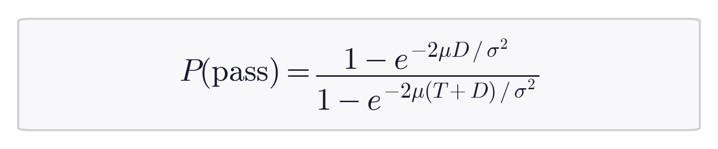 P(pass) = (1 - exp(-2muD/sigma^2)) / (1 - exp(-2mu(T+D)/sigma^2)) P(pass) = (1 - exp(-2muD/sigma^2)) / (1 - exp(-2mu(T+D)/sigma^2))