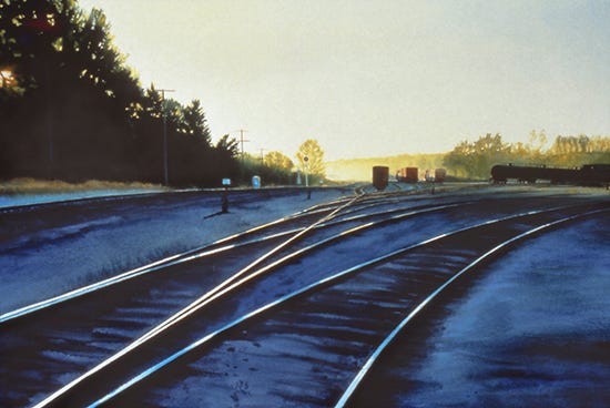 Watercolor painting of train yard at dawn