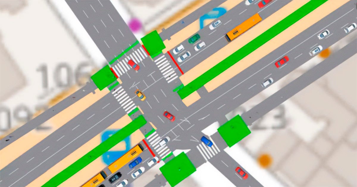 Vista aérea de uma simulação computacional (modelo VISSIM) do cruzamento entre a Avenida Rebouças e a Rua Oscar Freire. A imagem apresenta um layout técnico com pistas de asfalto cinza, veículos coloridos e ônibus laranjas em movimento. Destacam-se seis faixas de pedestres do tipo "zebra" e grandes blocos retangulares em verde brilhante sobre as calçadas e esquinas, que representam as áreas de detecção e monitoramento de pedestres integradas ao sistema de semáforo inteligente do estudo.