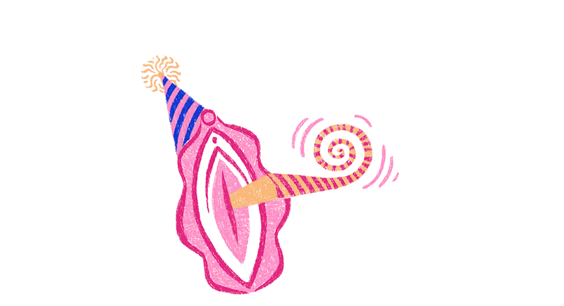Gif représentant un dessin de vulve qui porte un chapeau pointu et souffle dans une langue de belle-mère. Il y a des cotillons qui tombent. Gif représentant un dessin de vulve qui porte un chapeau pointu et souffle dans une langue de belle-mère. Il y a des cotillons qui tombent.