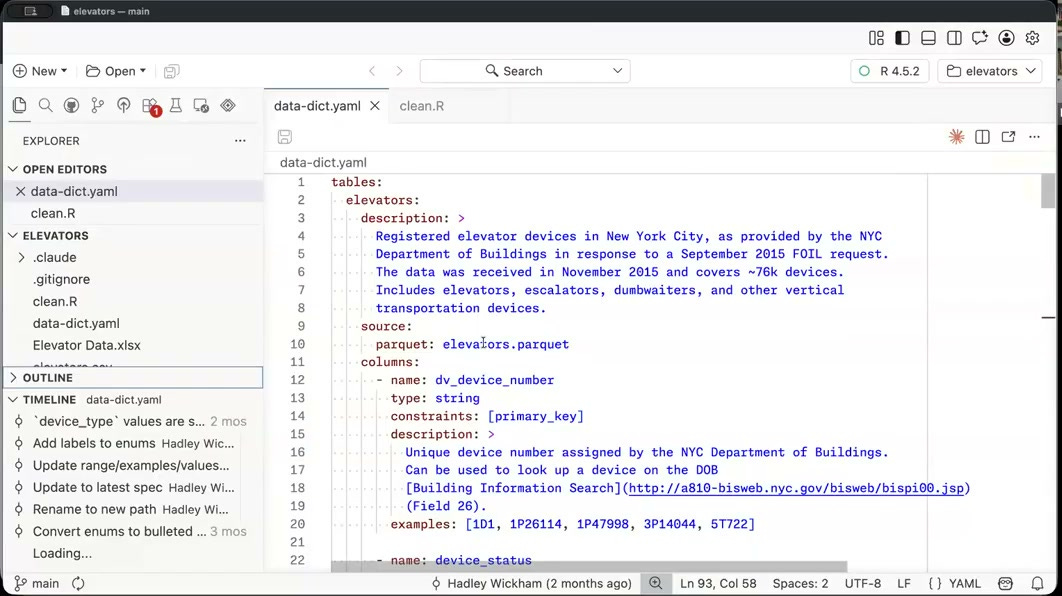 Demo: the elevators data dictionary (data-dict.yaml) open in Positron, showing the table description, the parquet source, and the start of the column definitions Demo: the elevators data dictionary (data-dict.yaml) open in Positron, showing the table description, the parquet source, and the start of the column definitions