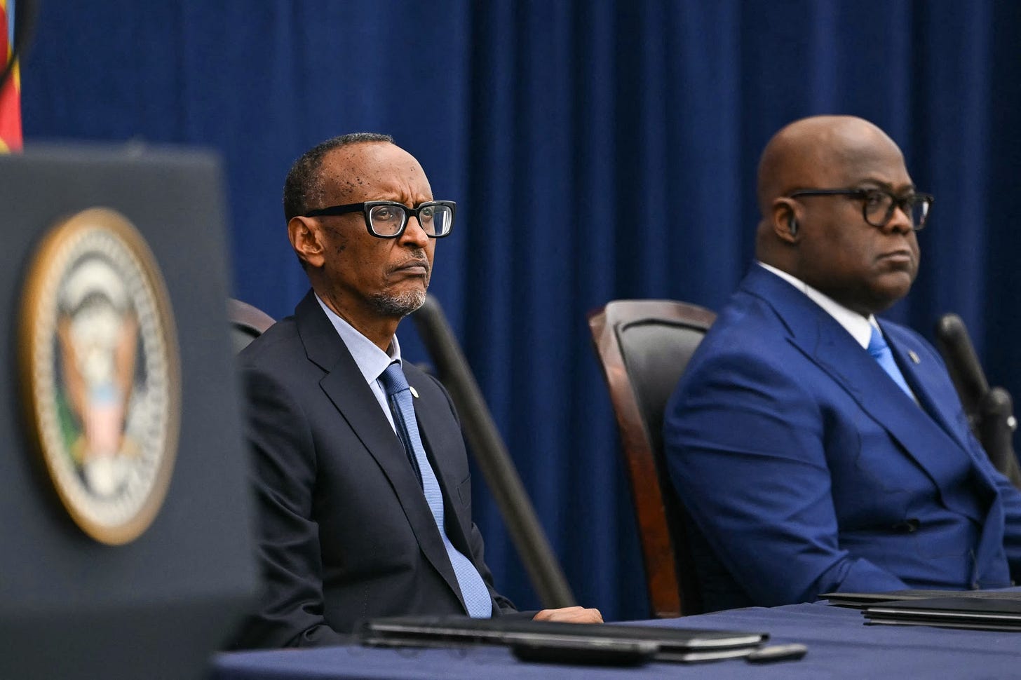 President of Rwanda Paul Kagame and the President of the Democratic Republic of the Congo Felix Tshisekedi during a signing ceremony of a peace deal at the United States Institute of Peace in Washington on Dec. 4. Photographer: Andrew Caballero-Reynolds&#x2F;AFP&#x2F;Getty Images