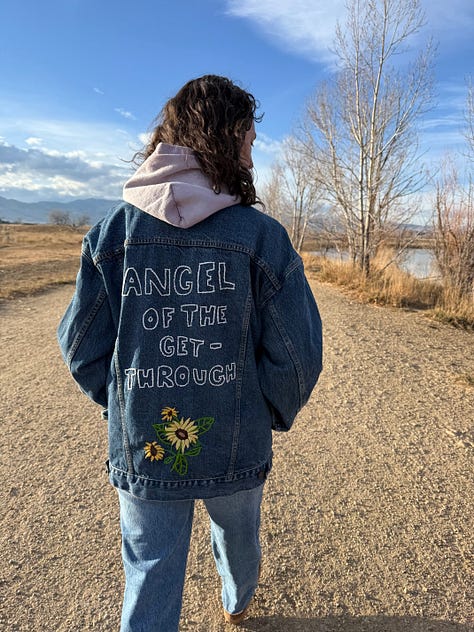Photos of Meg, Stef, and Emily at a mountain lake. Photo of Emily in a jacket that says "angel of the get through." Photo of Meg flanked by Brandon and Stef sitting close beside each other.