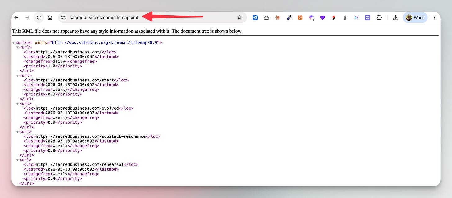 The auto-generated Substack sitemap.xml for the Sacred Business Flow publication, used for internal linking
