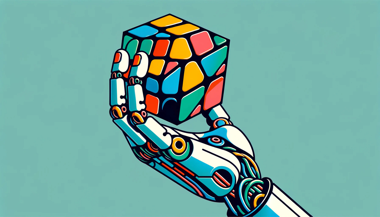 Craft a wide-scale, 2D minimalist illustration, free from any text, inspired by the artistic approach typical of magazine covers. The image should present a robotic arm that resembles a human hand even more closely, designed with a balance between anthropomorphic features and a stylized, mechanical structure. Emphasize flat, solid colors with clean, strong outlines for the robotic arm, which is delicately holding a Rubik's cube with vivid primary colors. Set against a single soft pastel color backdrop to accentuate the arm and cube. The image should have a clean, unbranded look, making it versatile for various editorial contexts.
