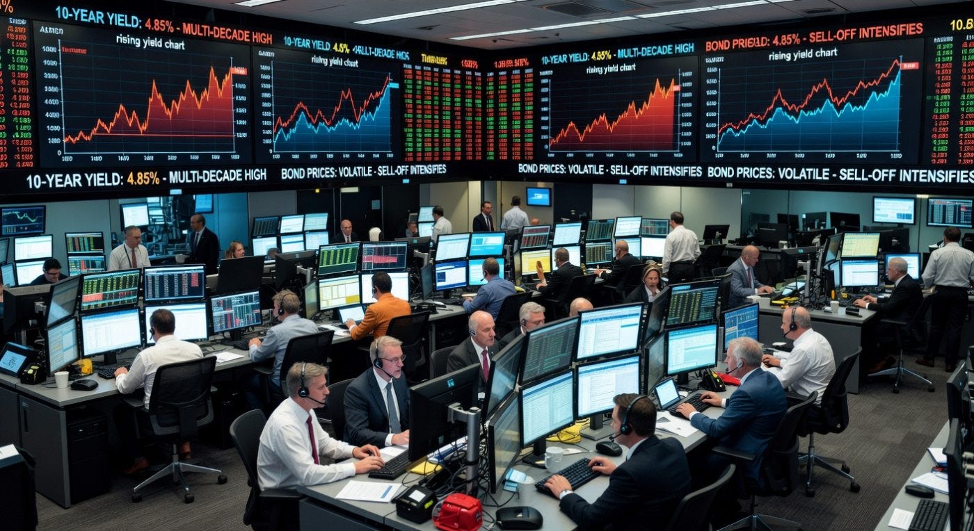 Financial trading floor with traders monitoring bond market data on multiple screens Financial trading floor with traders monitoring bond market data on multiple screens