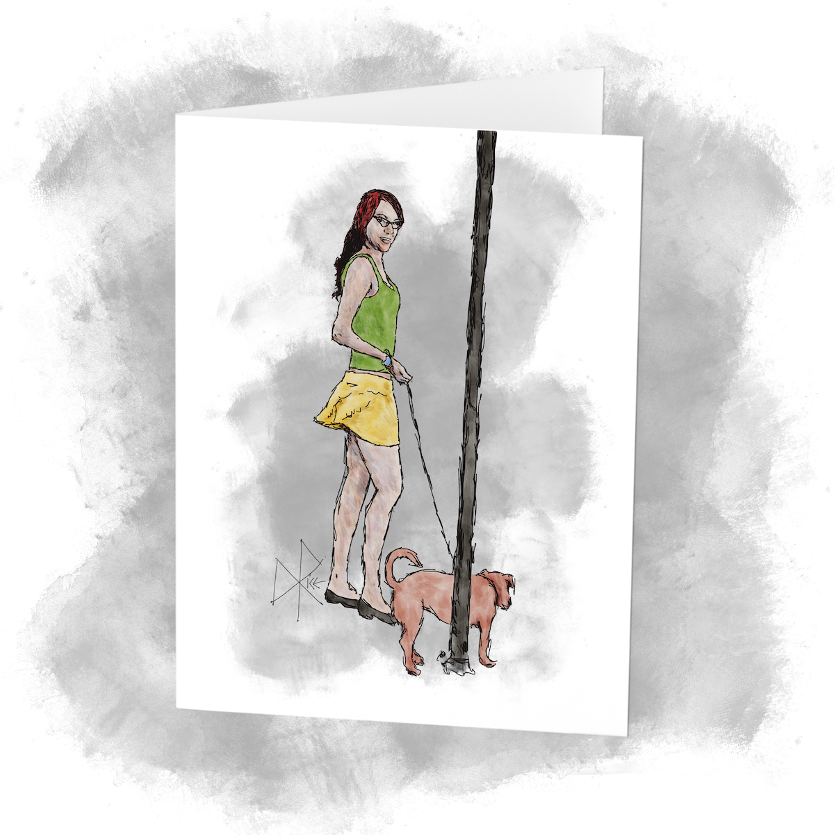 A young woman with red hair and glasses waits as her little brown dog sniffs around the base of a pole. Sketch art by Don Rice.